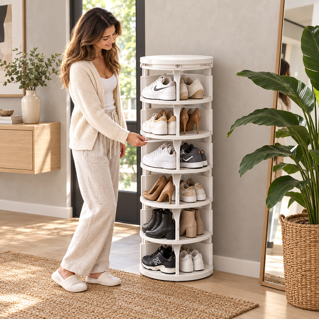Spivora 7-Tier 360° Rotating Shoe Rack Tower — Freestanding Space-Saving Vertical Shoe Organizer with Smooth Spin Base, Tool-Free Assembly & Compact Round Footprint for Entryway, Bedroom, Closet & Small Apartments, Holds Up to 14 Pairs