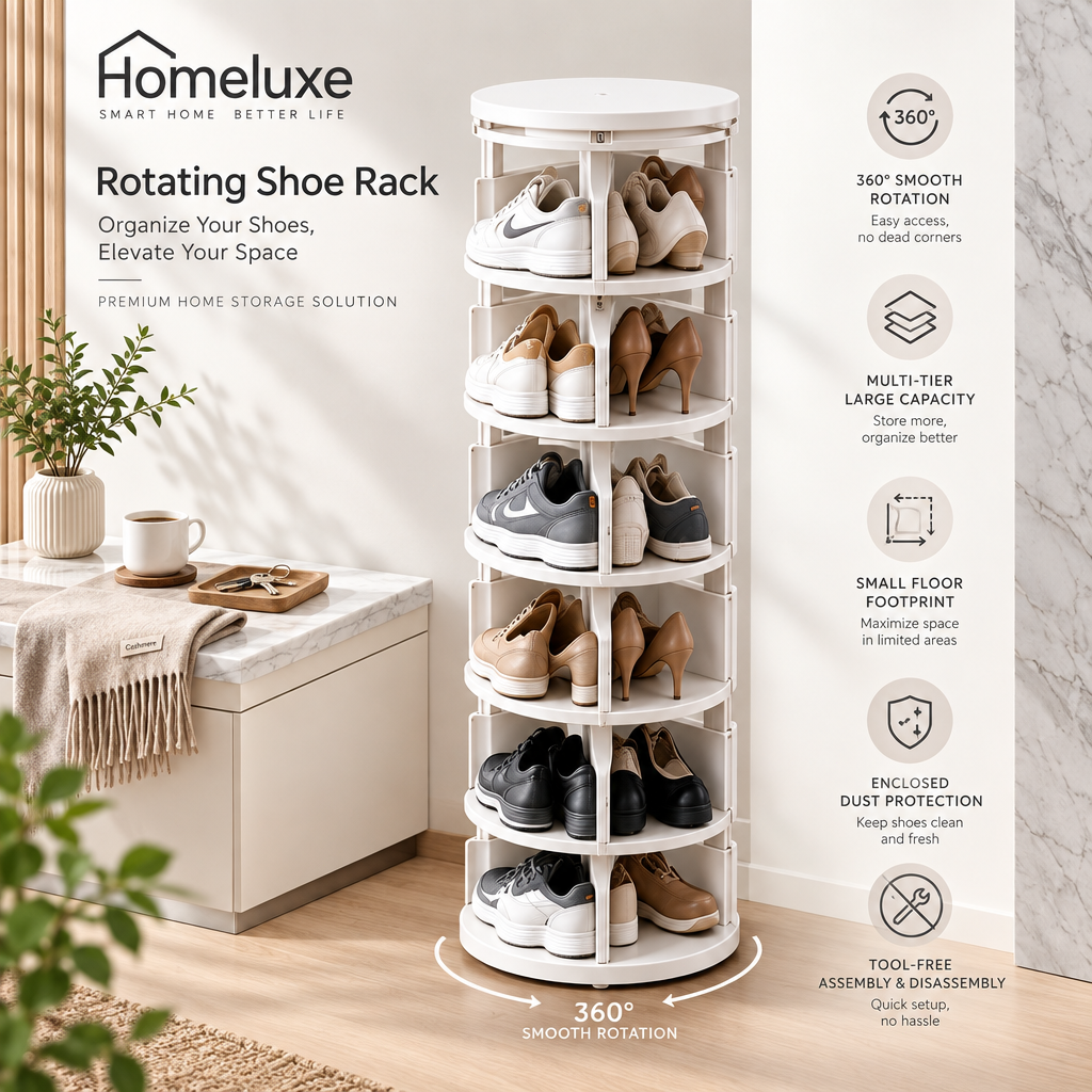 Spivora 7-Tier 360° Rotating Shoe Rack Tower — Freestanding Space-Saving Vertical Shoe Organizer with Smooth Spin Base, Tool-Free Assembly & Compact Round Footprint for Entryway, Bedroom, Closet & Small Apartments, Holds Up to 14 Pairs