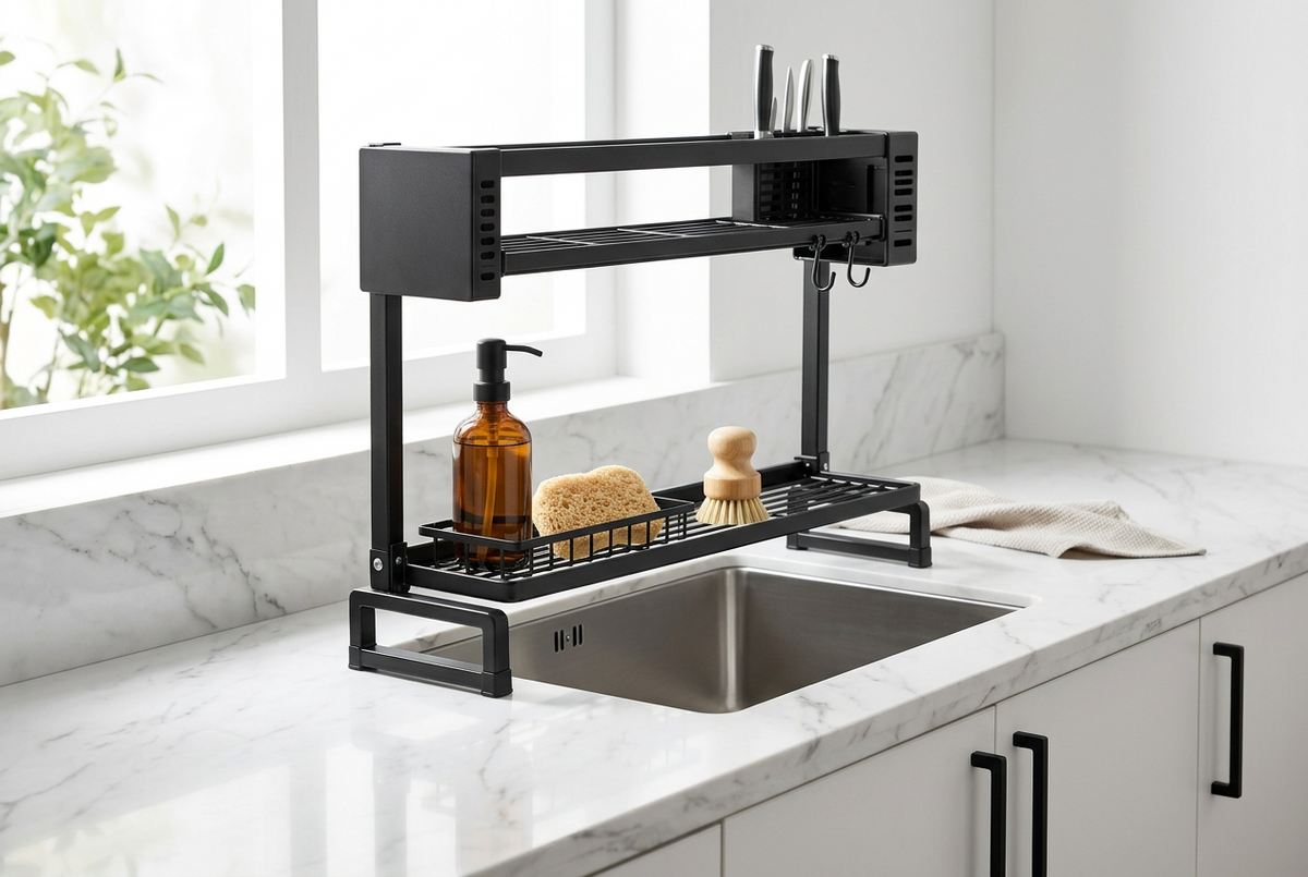 Sinkora 2-Tier Over-Sink Dish Drying Rack — Matte Black Steel with Knife Block, S-Hook Bar & Dual Wire Grid Shelves, No Drill, Fits Single & Double Sinks, Keeps Countertops Dry