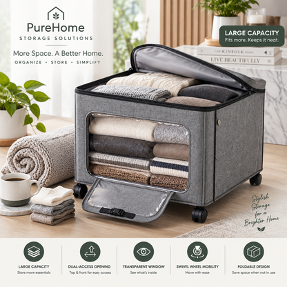 Storvex Large Capacity Under-Bed Storage Box on Wheels — Foldable Linen Fabric Organizer with 4 Swivel Casters, Full-Width Transparent PVC Viewing Window & Dual-Access Top Zipper Plus Front Flip Door for Seasonal Clothes, Blankets, Duvets & Bedding