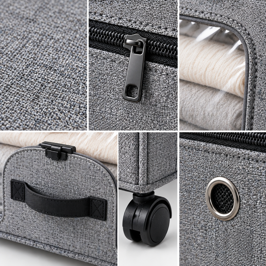 Storvex Large Capacity Under-Bed Storage Box on Wheels — Foldable Linen Fabric Organizer with 4 Swivel Casters, Full-Width Transparent PVC Viewing Window & Dual-Access Top Zipper Plus Front Flip Door for Seasonal Clothes, Blankets, Duvets & Bedding