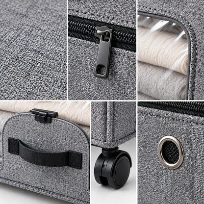 Storvex Large Capacity Under-Bed Storage Box on Wheels — Foldable Linen Fabric Organizer with 4 Swivel Casters, Full-Width Transparent PVC Viewing Window & Dual-Access Top Zipper Plus Front Flip Door for Seasonal Clothes, Blankets, Duvets & Bedding
