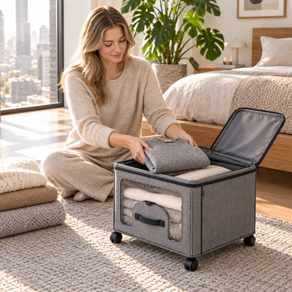 Storvex Large Capacity Under-Bed Storage Box on Wheels — Foldable Linen Fabric Organizer with 4 Swivel Casters, Full-Width Transparent PVC Viewing Window & Dual-Access Top Zipper Plus Front Flip Door for Seasonal Clothes, Blankets, Duvets & Bedding