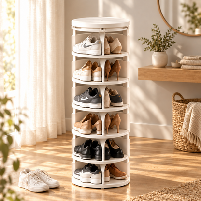 Spivora 7-Tier 360° Rotating Shoe Rack Tower — Freestanding Space-Saving Vertical Shoe Organizer with Smooth Spin Base, Tool-Free Assembly & Compact Round Footprint for Entryway, Bedroom, Closet & Small Apartments, Holds Up to 14 Pairs