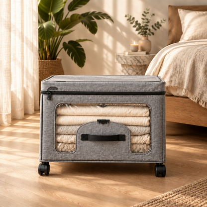 Storvex Large Capacity Under-Bed Storage Box on Wheels — Foldable Linen Fabric Organizer with 4 Swivel Casters, Full-Width Transparent PVC Viewing Window & Dual-Access Top Zipper Plus Front Flip Door for Seasonal Clothes, Blankets, Duvets & Bedding