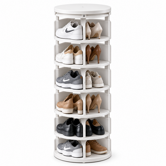 Spivora 7-Tier 360° Rotating Shoe Rack Tower — Freestanding Space-Saving Vertical Shoe Organizer with Smooth Spin Base, Tool-Free Assembly & Compact Round Footprint for Entryway, Bedroom, Closet & Small Apartments, Holds Up to 14 Pairs