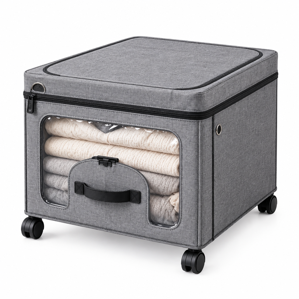 Storvex Large Capacity Under-Bed Storage Box on Wheels — Foldable Linen Fabric Organizer with 4 Swivel Casters, Full-Width Transparent PVC Viewing Window & Dual-Access Top Zipper Plus Front Flip Door for Seasonal Clothes, Blankets, Duvets & Bedding
