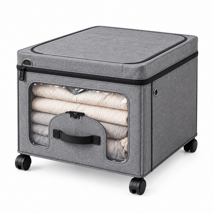 Storvex Large Capacity Under-Bed Storage Box on Wheels — Foldable Linen Fabric Organizer with 4 Swivel Casters, Full-Width Transparent PVC Viewing Window & Dual-Access Top Zipper Plus Front Flip Door for Seasonal Clothes, Blankets, Duvets & Bedding
