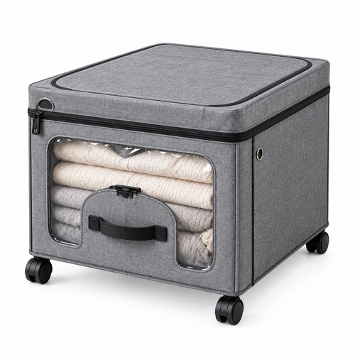 Storvex Large Capacity Under-Bed Storage Box on Wheels — Foldable Linen Fabric Organizer with 4 Swivel Casters, Full-Width Transparent PVC Viewing Window & Dual-Access Top Zipper Plus Front Flip Door for Seasonal Clothes, Blankets, Duvets & Bedding