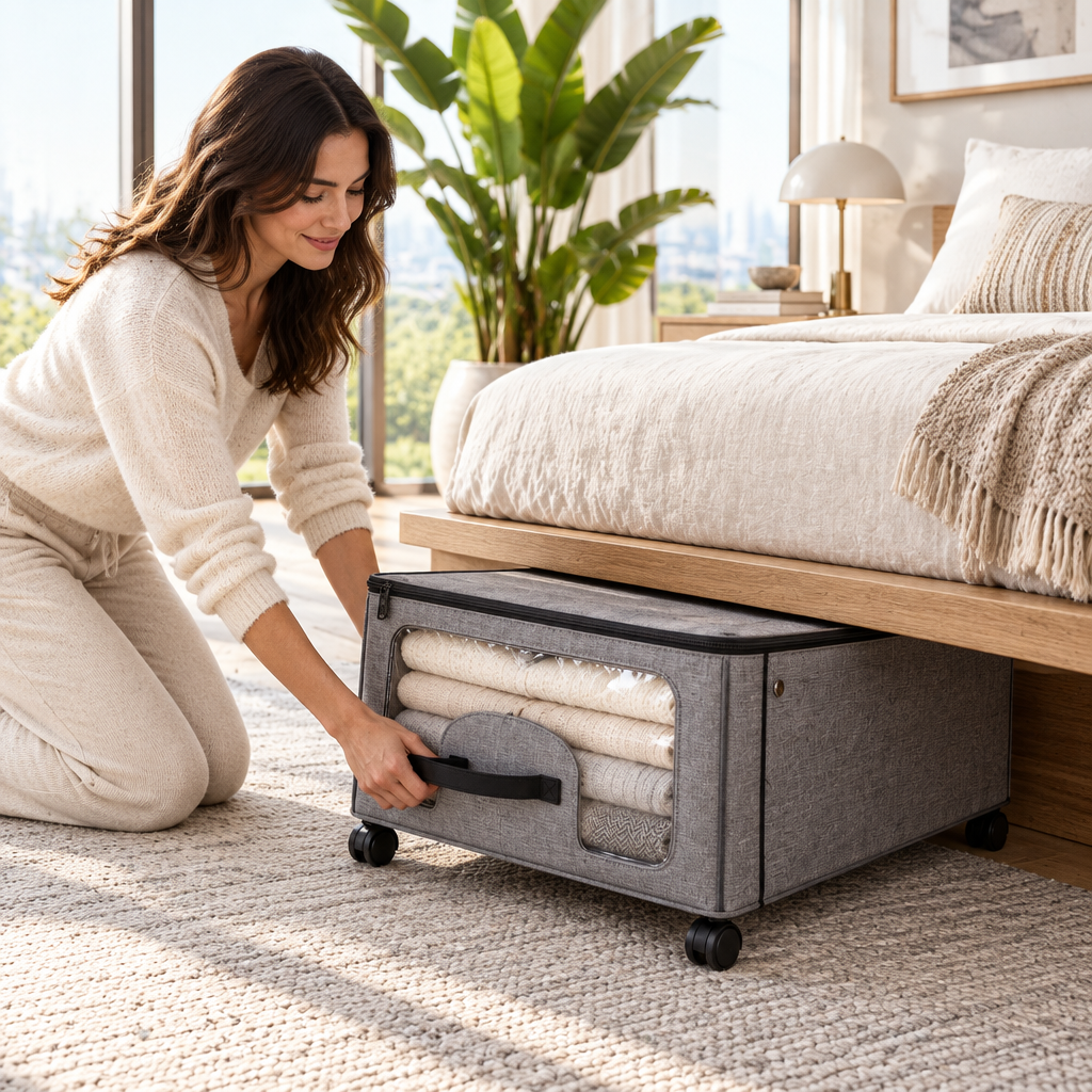 Storvex Large Capacity Under-Bed Storage Box on Wheels — Foldable Linen Fabric Organizer with 4 Swivel Casters, Full-Width Transparent PVC Viewing Window & Dual-Access Top Zipper Plus Front Flip Door for Seasonal Clothes, Blankets, Duvets & Bedding