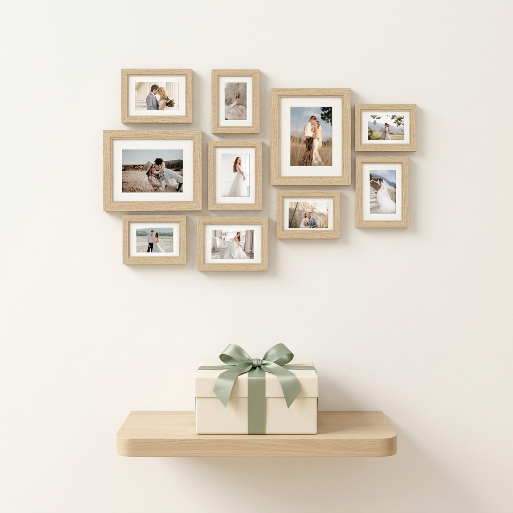 Gift concept with ten-frame gallery; box ribbon and photographs not confirmed as included