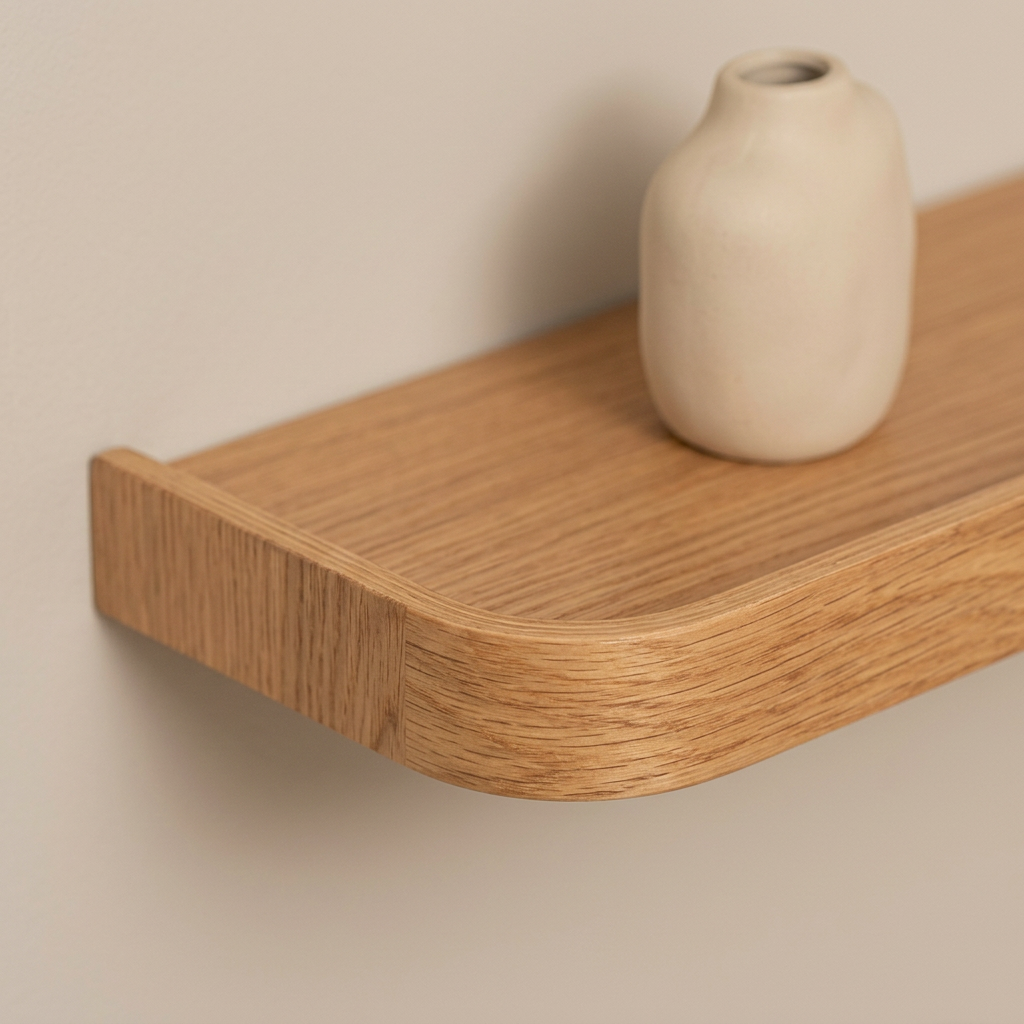 Warm wood-look surface and low front edge detail