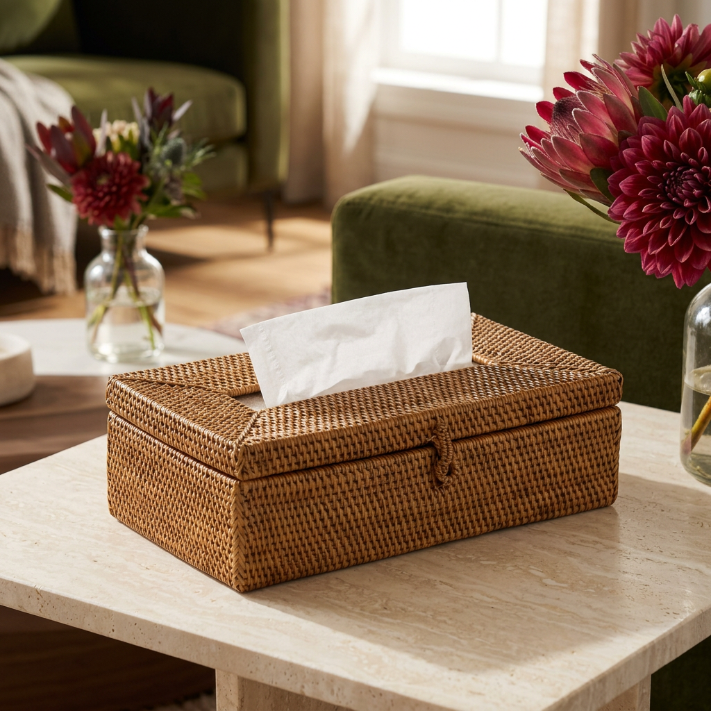 Woven tissue box cover on a living room side table