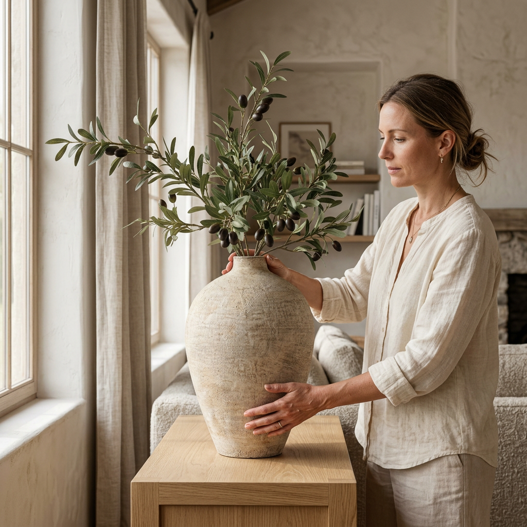 Woman styling the olive branch arrangement and vase on a console
