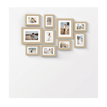 Ten champagne-beige mixed-size photo frames on white; photographs are styling examples