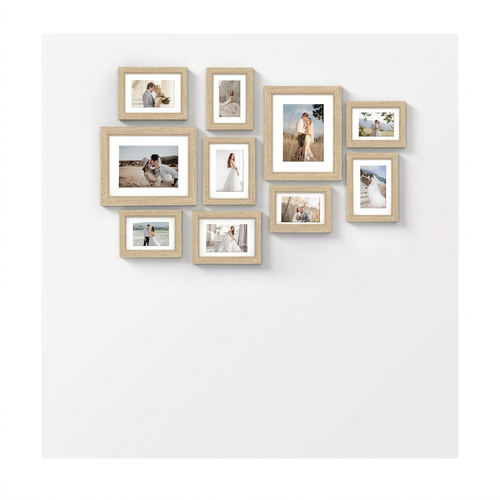 Ten champagne-beige mixed-size photo frames on white; photographs are styling examples