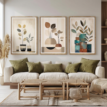 Botanical wall art trio in a neutral living room