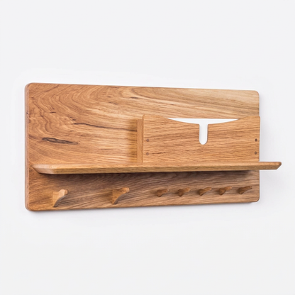 Warm wood-look entryway key and mail organizer on white