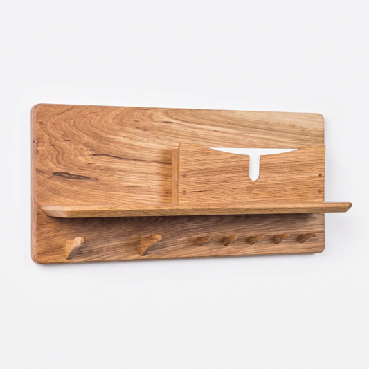 Warm wood-look entryway key and mail organizer on white