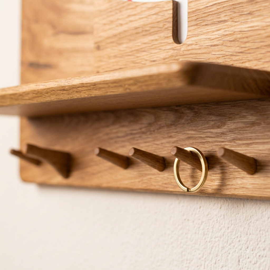 Detail of shelf and lower hanging pegs