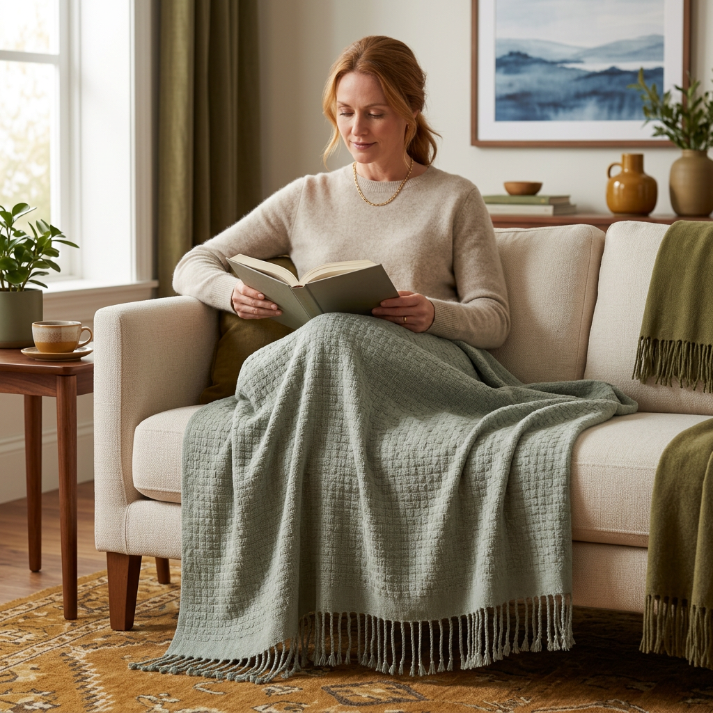 Woman reading with a sage textured throw across her lap