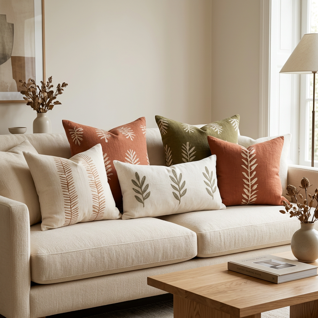 Botanical embroidered cushions styled in a warm neutral living room