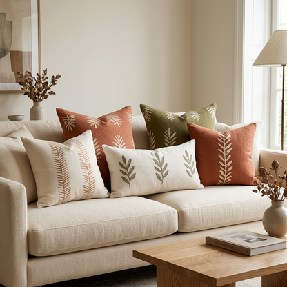 Botanical embroidered cushions styled in a warm neutral living room