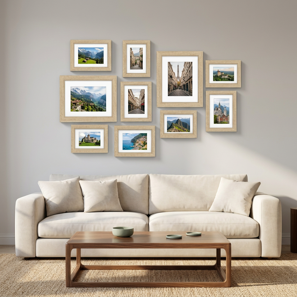 Ten-frame gallery above a cream sofa; photographs are styling examples