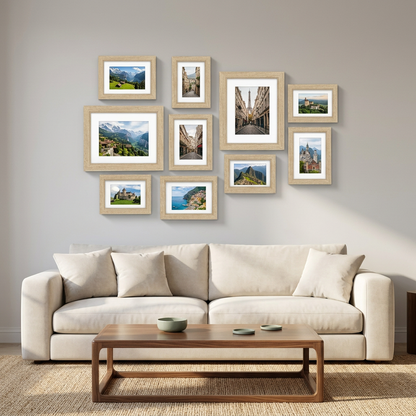 Ten-frame gallery above a cream sofa; photographs are styling examples
