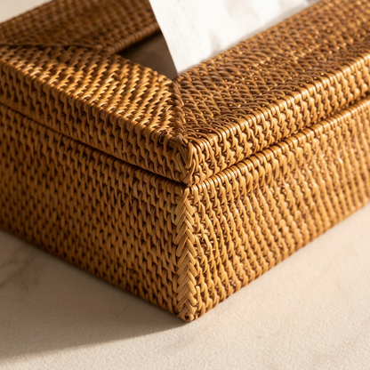 Close-up of woven corner and bound lid edge