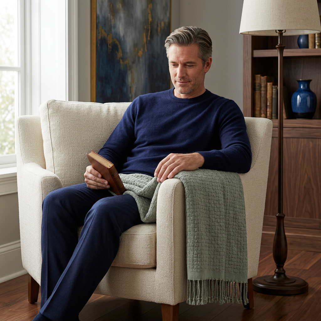 Man relaxing beside a sage fringed throw