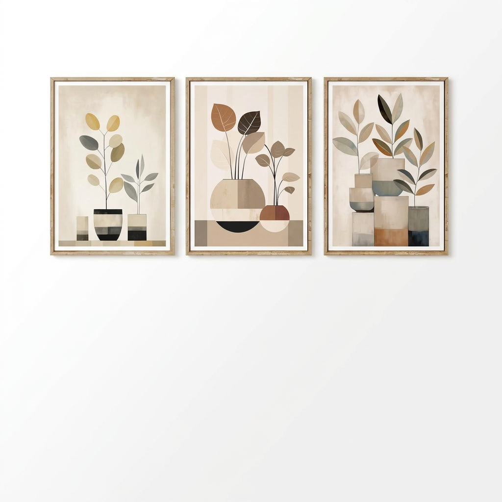Three coordinating abstract botanical artworks on a white background