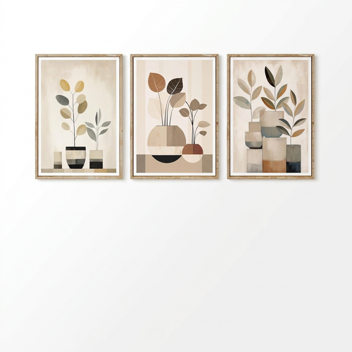 Three coordinating abstract botanical artworks on a white background