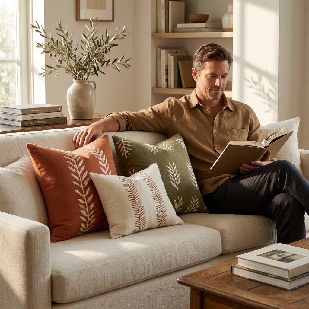 Man reading beside botanical embroidered cushions