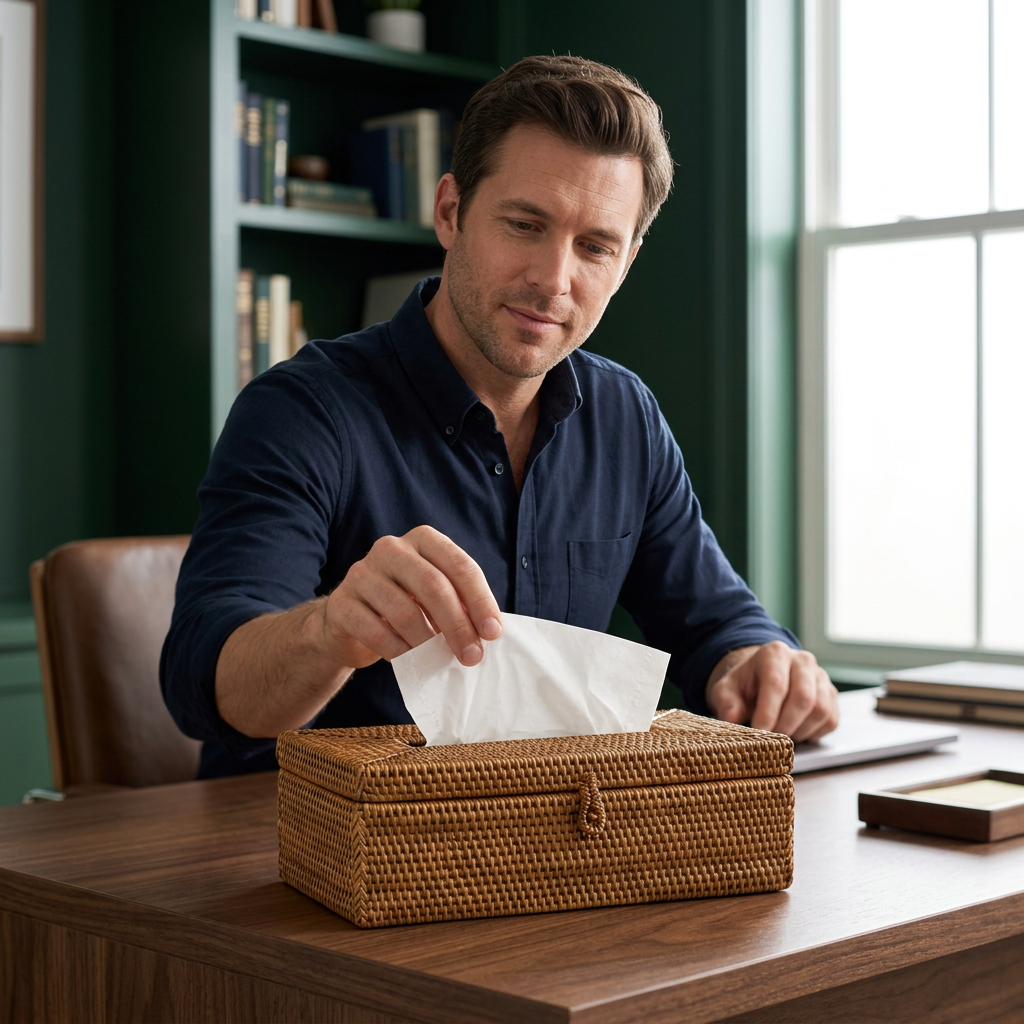 Man taking a tissue from a woven tissue cover at his home-office desk
