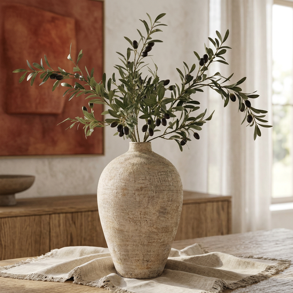 Faux olive arrangement displayed on a dining room sideboard