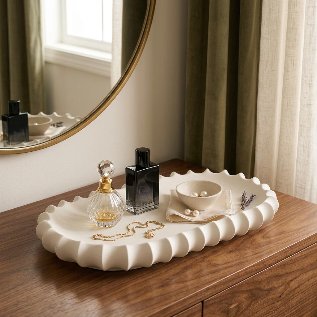 Ceramic decorative tray organizing jewelry and fragrance on a dresser