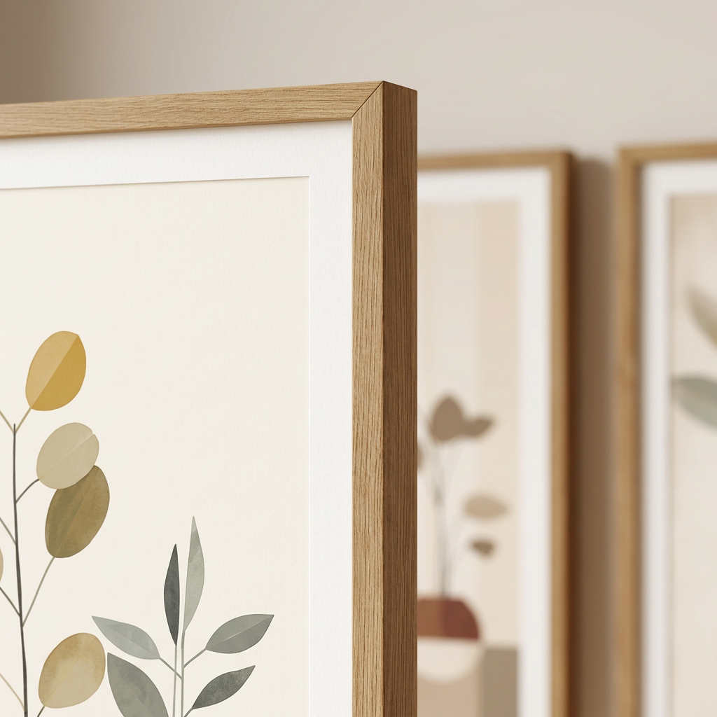 Close-up of light wood-look border and botanical design