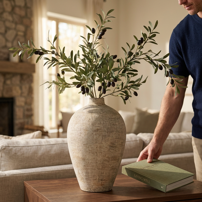 Man placing a book beside the faux olive arrangement