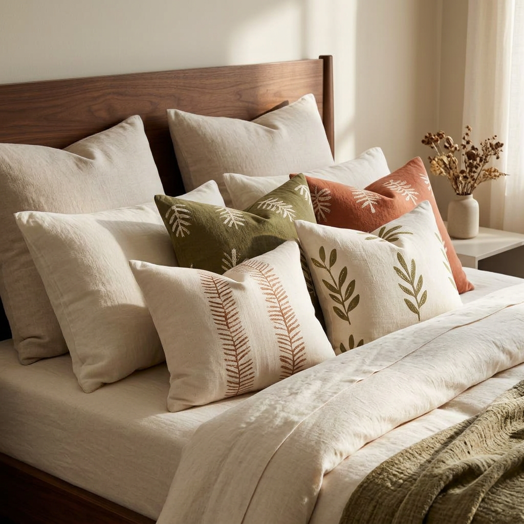 Botanical cushion covers styled on an ivory bed