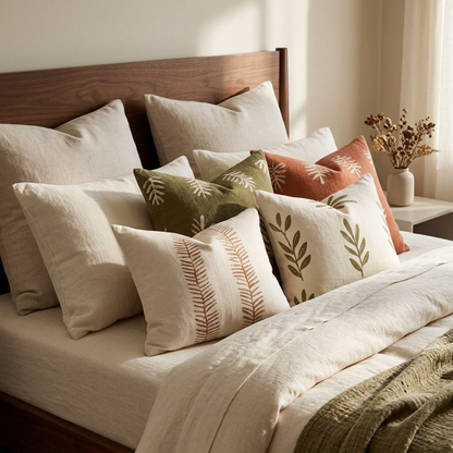 Botanical cushion covers styled on an ivory bed