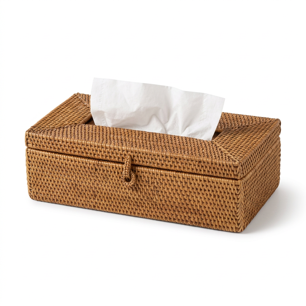 Warm brown woven rectangular tissue box cover on white
