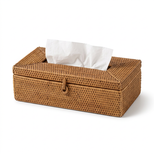 Warm brown woven rectangular tissue box cover on white