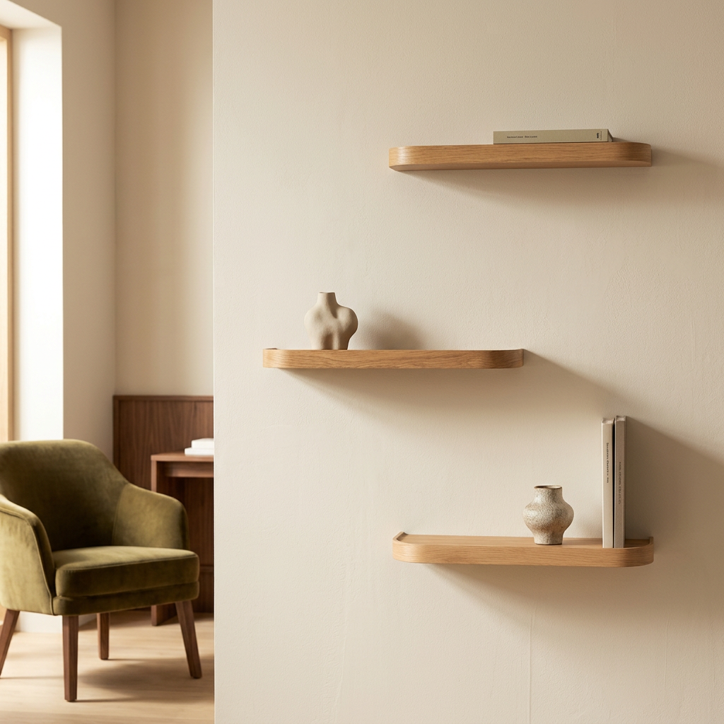 Three wall display shelves in a styled living room