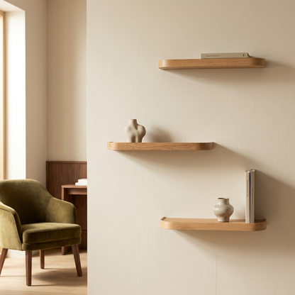 Three wall display shelves in a styled living room