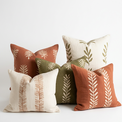 Botanical embroidered cushion covers in terracotta olive and ivory on white