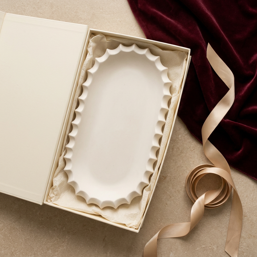 Concept only: ceramic tray in ivory gift box with ribbon, packaging not confirmed