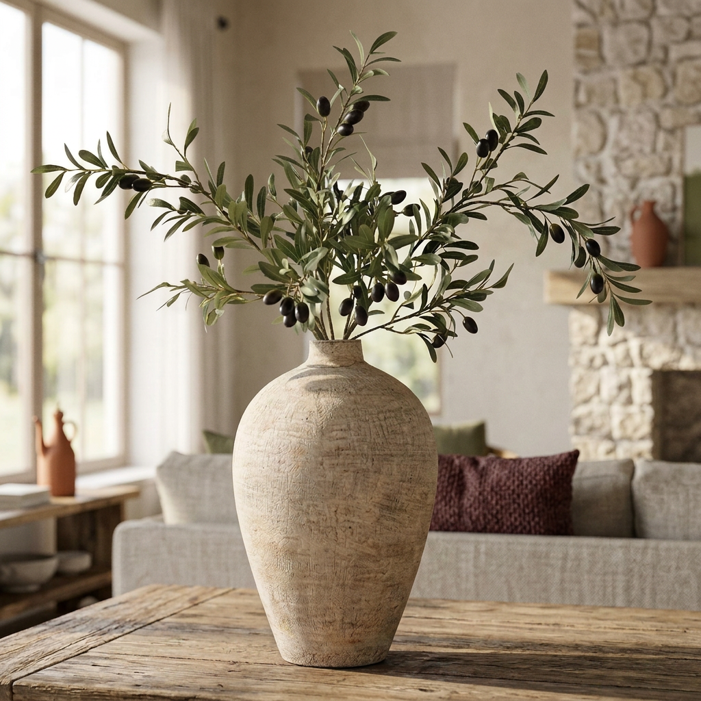 Faux olive arrangement and beige vase styled in a sunlit living room