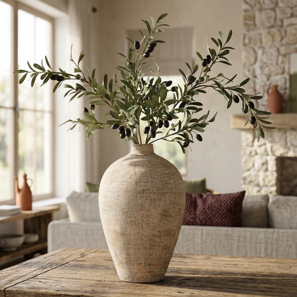 Faux olive arrangement and beige vase styled in a sunlit living room