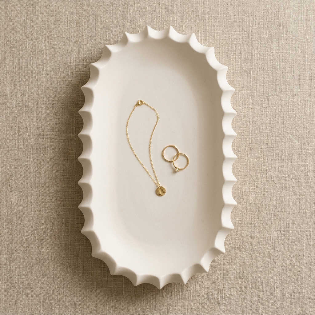 Top-down detail of jewelry arranged inside an ivory ceramic tray